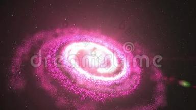 34在无限空间宇宙中闪烁的星光和星尘旋转和旋转的粉红色星系和星云D动画